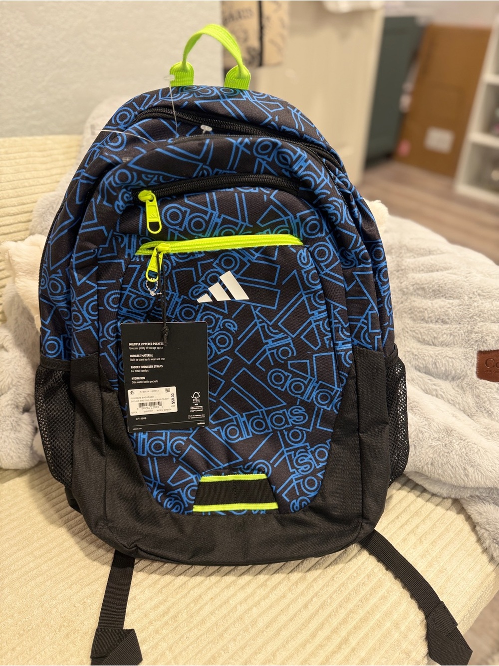 NWT adidas Backpack Blue Black All Over Logo Print Neon Green School Sports Bag - Picture 4 of 14
